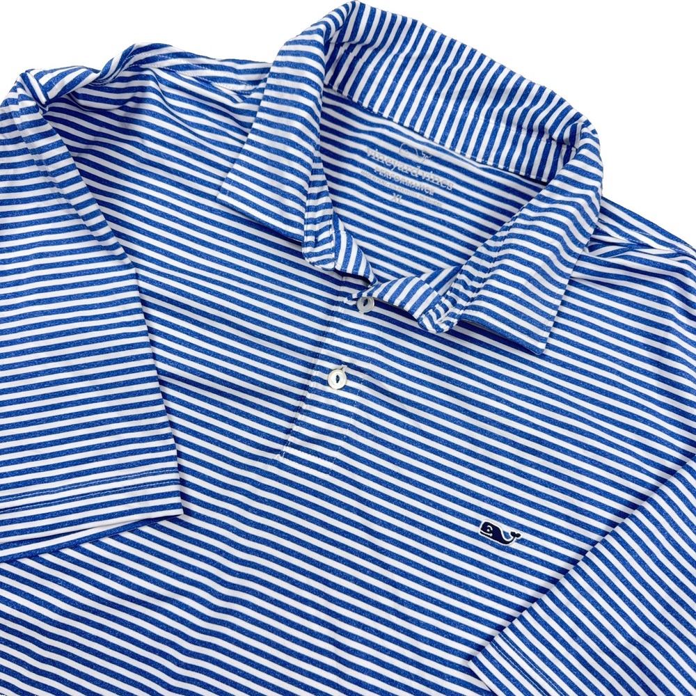 Vineyard Vines Polo Shirt Men XL Blue White Striped Performance Wicking Golf